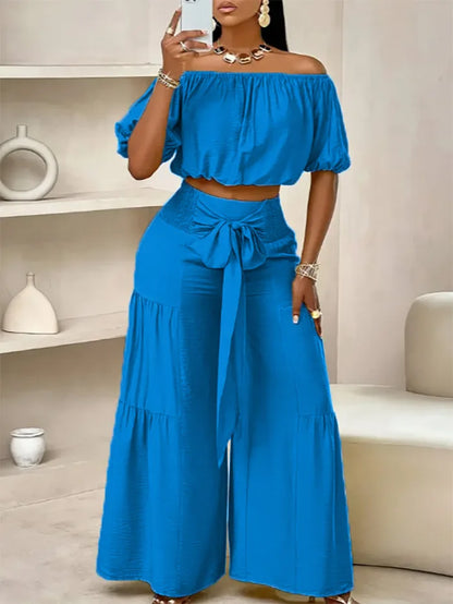 Puff Sleeve O Neck Tops + High Waist Wide Leg Pants (2 Pcs.)