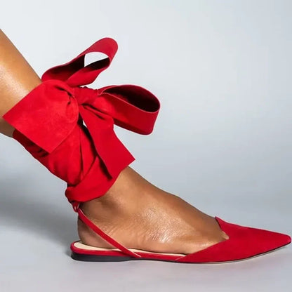 Pointed Toe Shallow Mouth Lace Up Shoes Flat Heel Sandals
