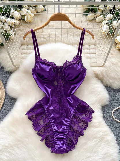 Satin Comfortable Strap Lace Spliced Sheer Lingerie
