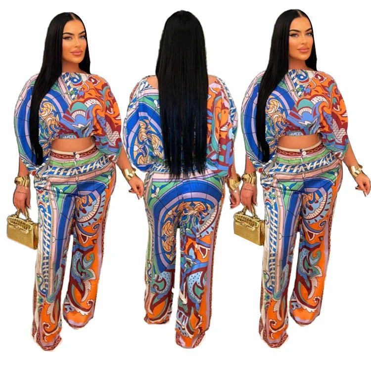 Nuru Batwing Sleeve Blouses and Wide Leg Pant 2 Piece Set