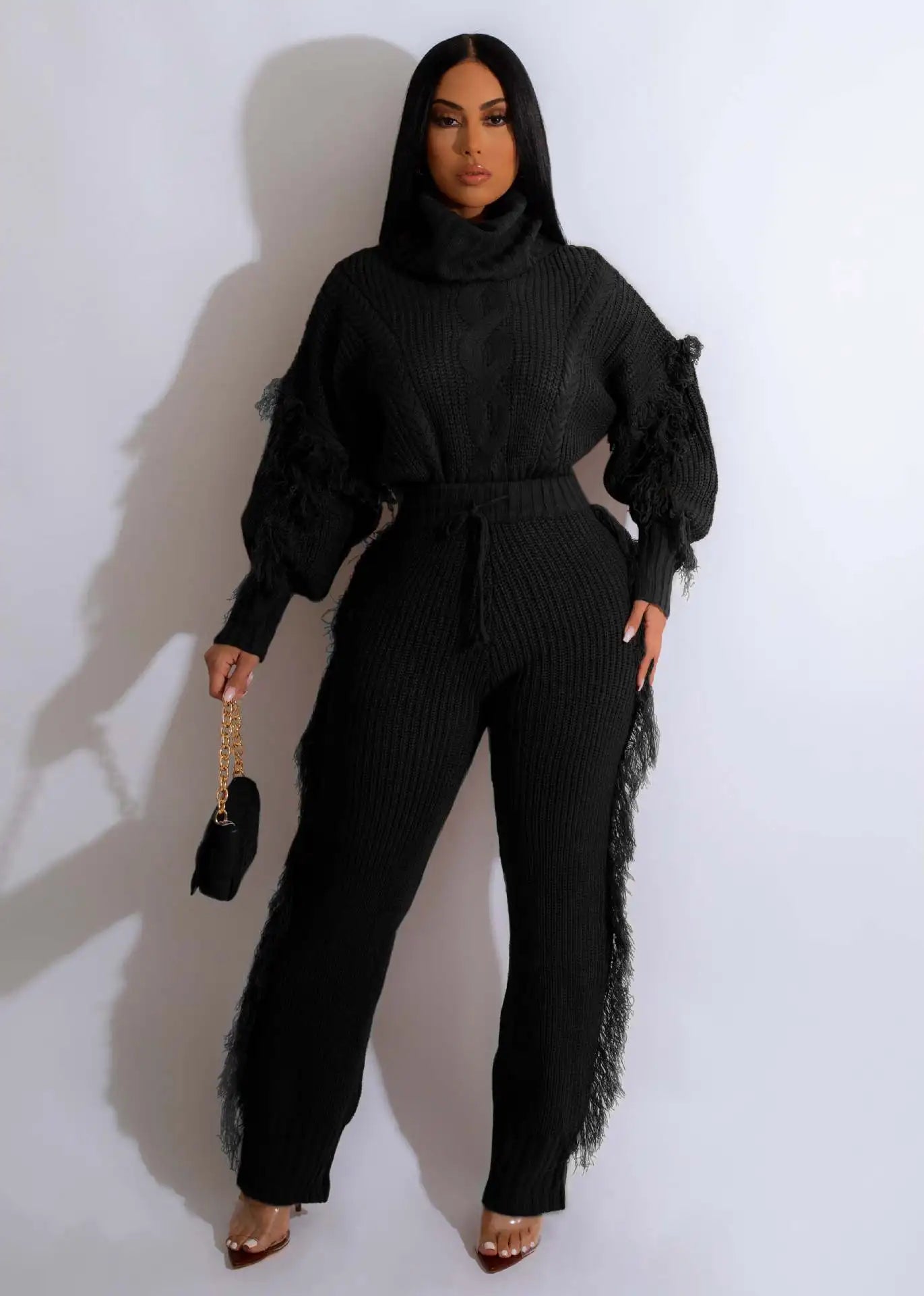 Ty'Anna Knitted Long Sleeve Pullover Top + Sweater Pant Set(Suit)