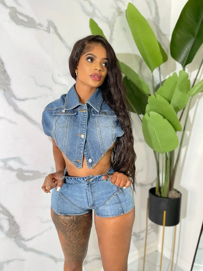 Denim Top Single Breasted + Short Matching Sets