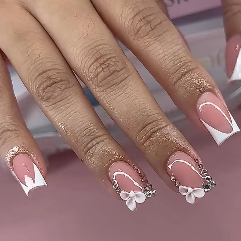 24pcs Mid-length Press on Nails Pink French Full Cover Flower Design Fake Nail Reusable Pearl False Nail with Jelly Glue Nails