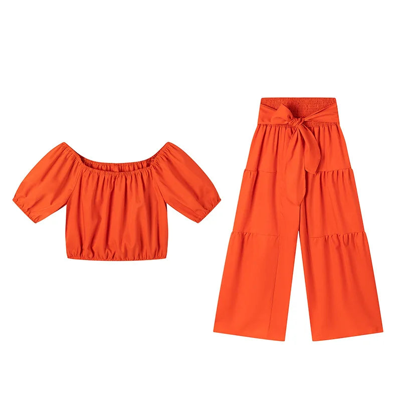 Puff Sleeve O Neck Tops + High Waist Wide Leg Pants (2 Pcs.)