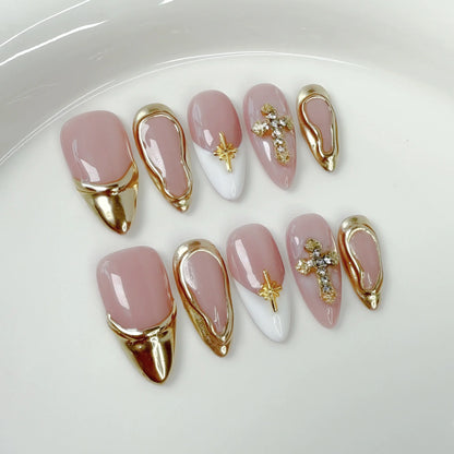 10pcs Retro Golden Almond Handmade Press on Nails Heart Pattern Fake Nails False Nail Artificial Nail 네일팁 Накладные Ногти Uñas