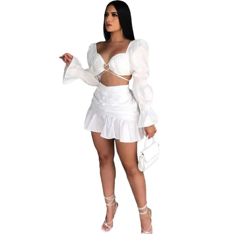 Angel V Neck Crop Top Ruffle Skirt +Top Set