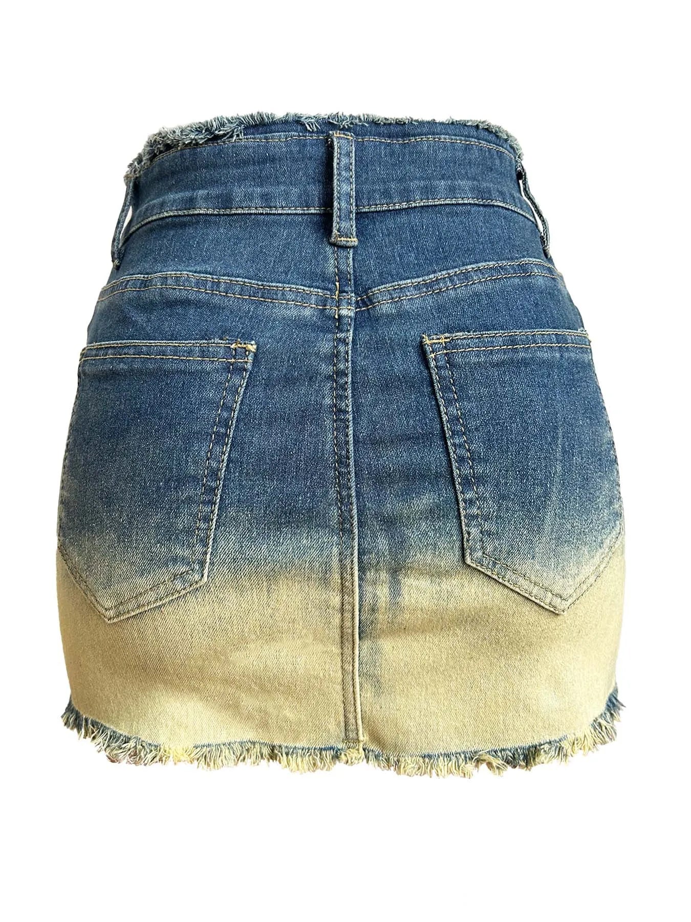 Val Vintage Gradient Zipper Stretch Denim High Waisted Slim A-Line Mini Skirts