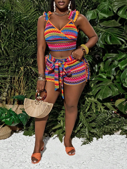 Beach-Style Colorful Tank Top and Belted Shorts Set