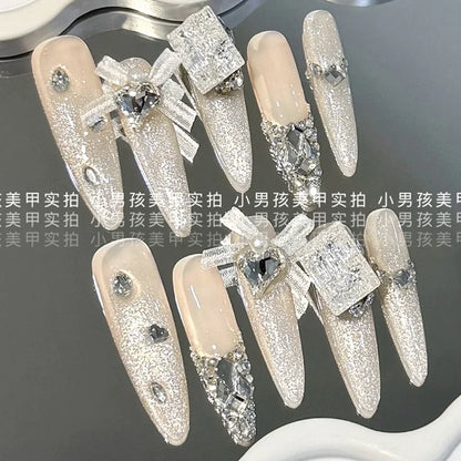 10Pcs Luxury Court Handmade Long Stiletto Full Cover Nails 3D Spice Girl Sparkling Diamond Bow Pearl Flowers Wearable Fake Nails