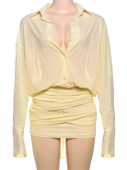 Chic Bandage Long Sleeve Sheer Mesh Shirt Dresses