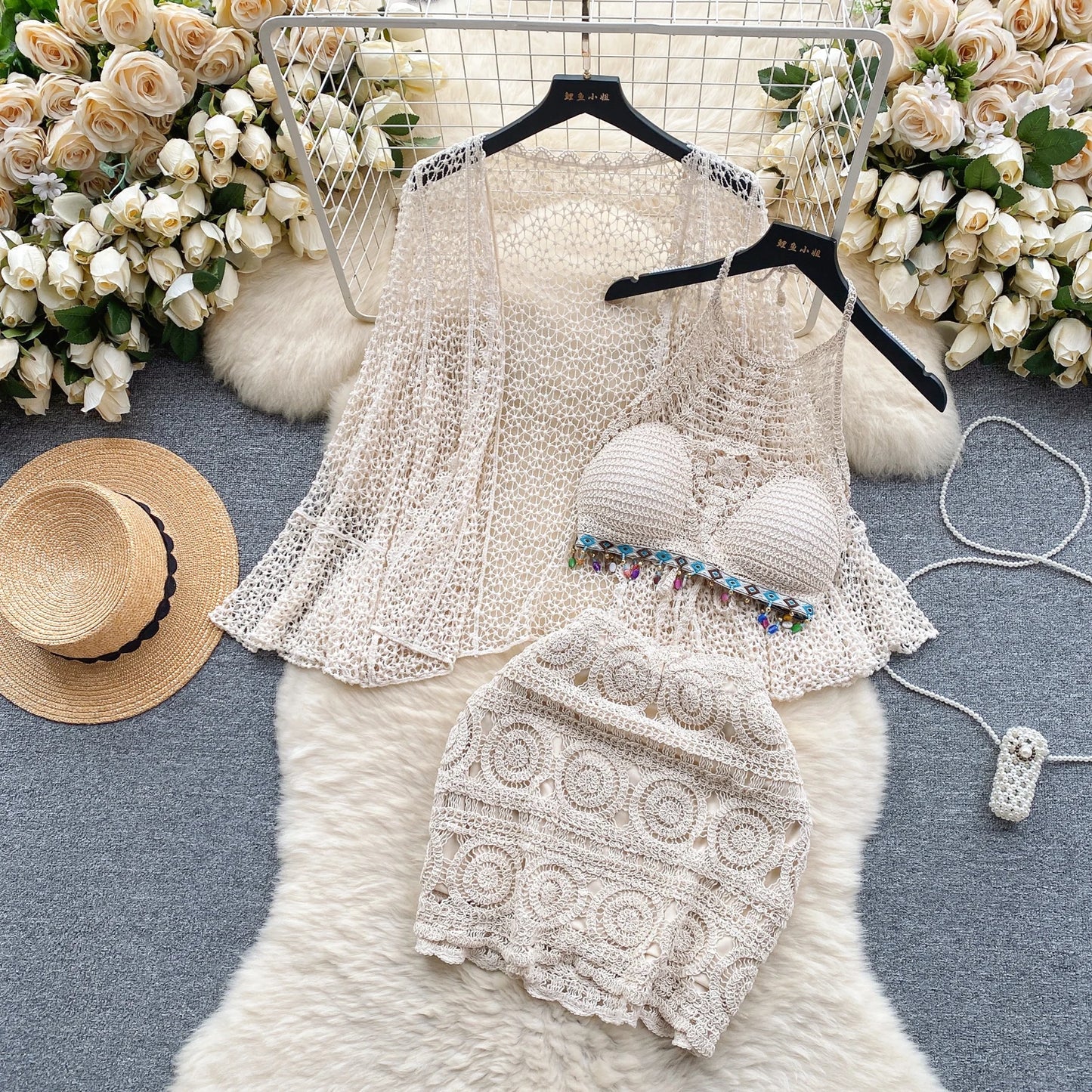 Halter Sleeveless Mini Camis + Hollow Out Cardigan + Elastic Waist Slim Skirt Vintage Swim Sets