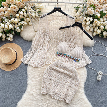 Halter Sleeveless Mini Camis + Hollow Out Cardigan + Elastic Waist Slim Skirt Vintage Swim Sets