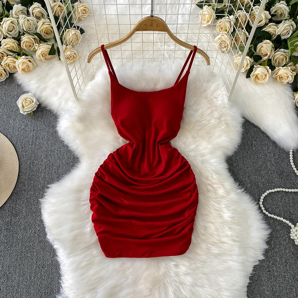 Spaghetti Strap Pleated Temperament Mini Dresses