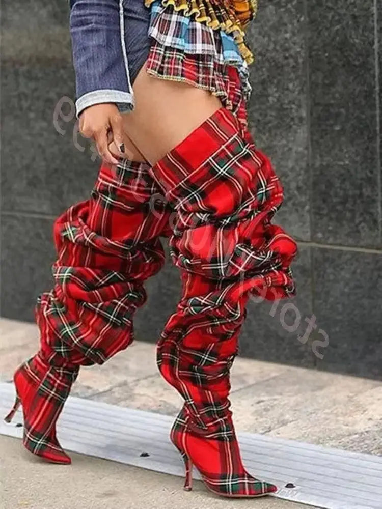 Plaid Over Knee Pointed Model Catwalk Stilettos Boots