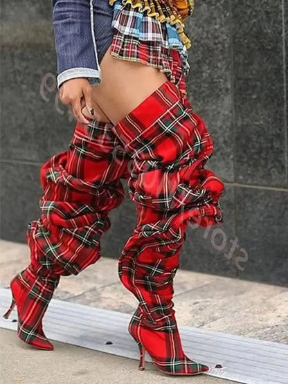 Plaid Over Knee Pointed Model Catwalk Stilettos Boots