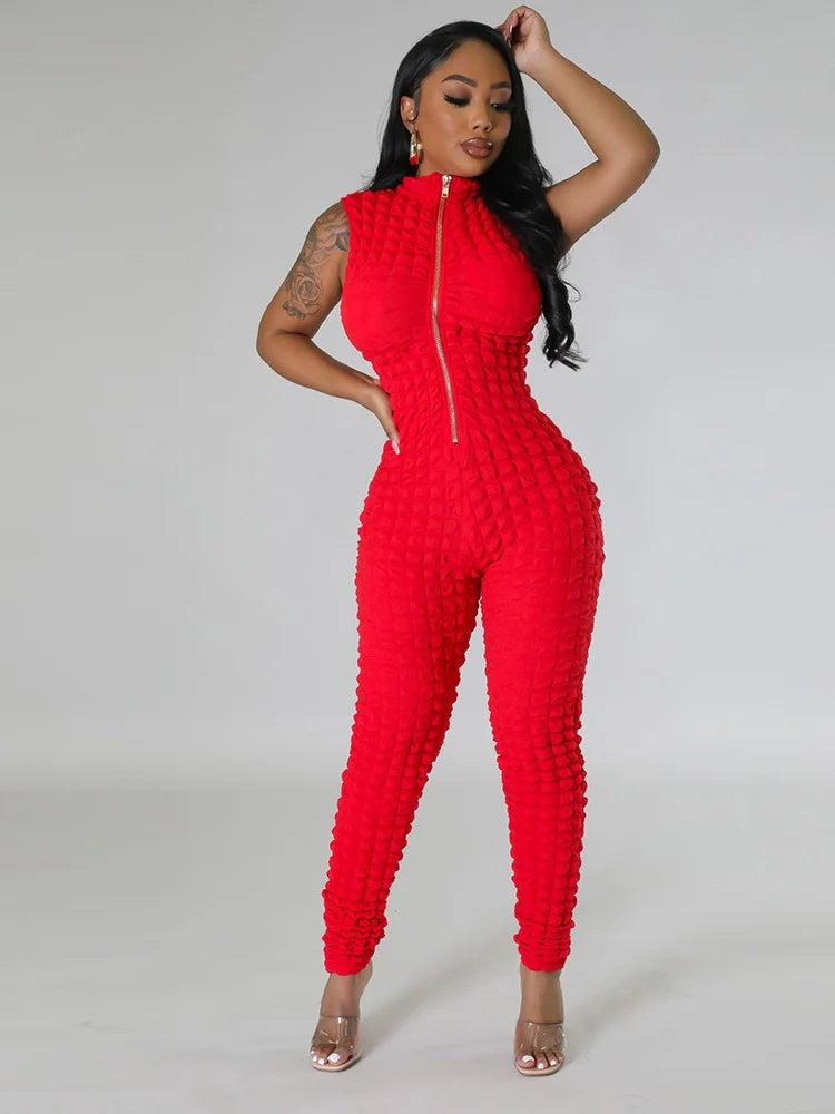 Sleeveless Popcorn Bubble Fabric Front Zipper Jumpsuits