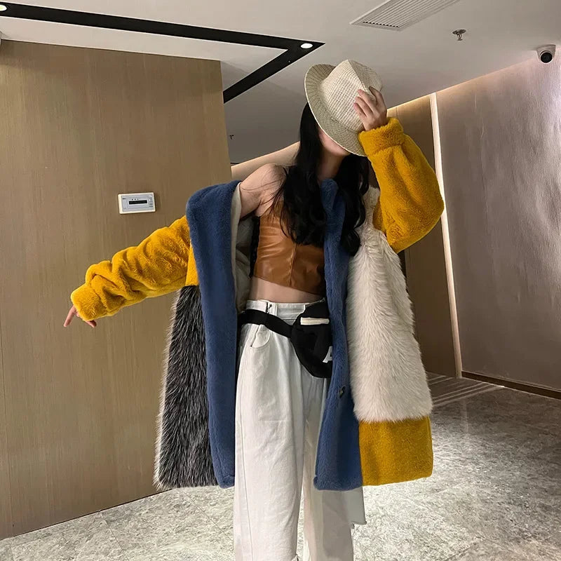 Winter Faux Fur Jackets for Women Furry Warm Splicing Contrast Color Blue Faux Fur Coat Long Jacket Cardigan Women