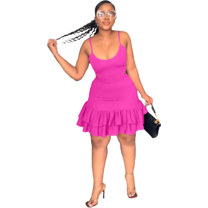 European and American Fashion Sling Low-cut Ruffled Mini Dress