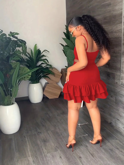 European and American Fashion Sling Low-cut Ruffled Mini Dress