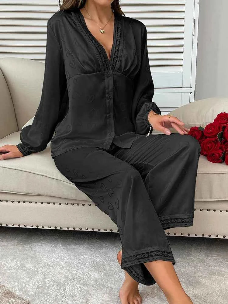 Satin Trousers + V-Neck Comfortable Jacquard Pajama Sets