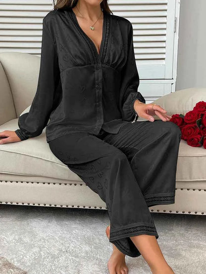 Satin Trousers + V-Neck Comfortable Jacquard Pajama Sets