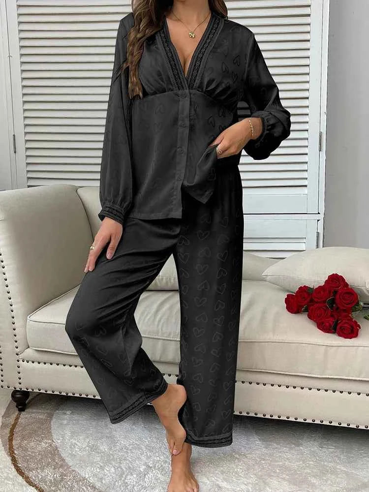 Satin Trousers + V-Neck Comfortable Jacquard Pajama Sets