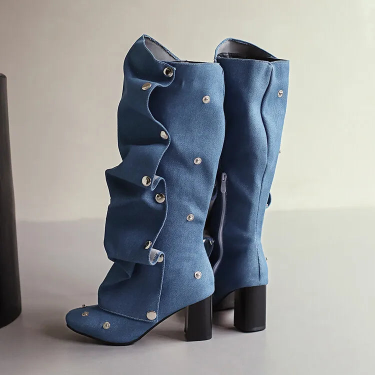 Enashua Denim Square Toe Detachable Rivets 7cm Thick Heel and Knee Length Boots