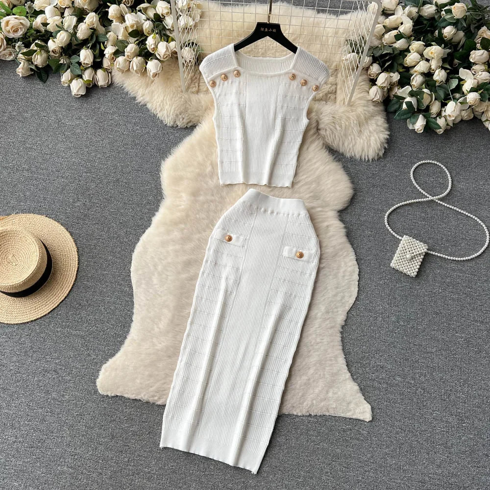 Knitted 2 Pcs. Buttons Crop Top Tanks + Slit Midi Skirt Set