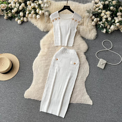 Knitted 2 Pcs. Buttons Crop Top Tanks + Slit Midi Skirt Set