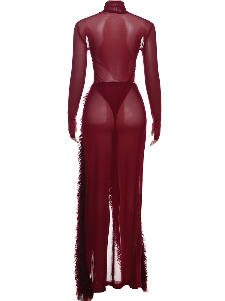 Coquette See Through 2-Piece Set Bodysuit + Furry Split Skirt Stretch Skirt Sets