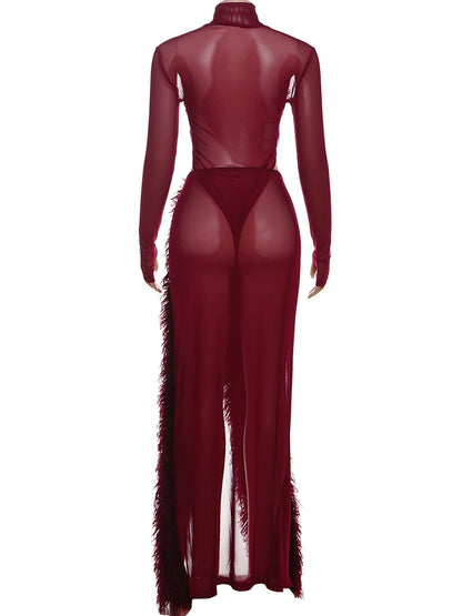 Coquette See Through 2-Piece Set Bodysuit + Furry Split Skirt Stretch Skirt Sets