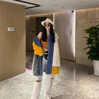 Winter Faux Fur Jackets for Women Furry Warm Splicing Contrast Color Blue Faux Fur Coat Long Jacket Cardigan Women