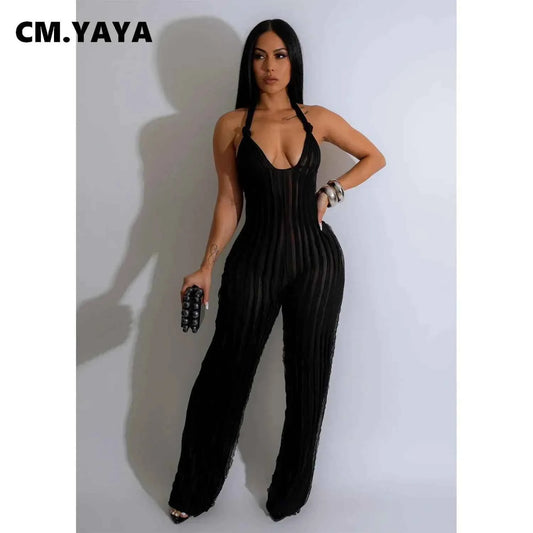 Ruffles Deep V-neck Halter Backless Wide Leg Jumpsuits