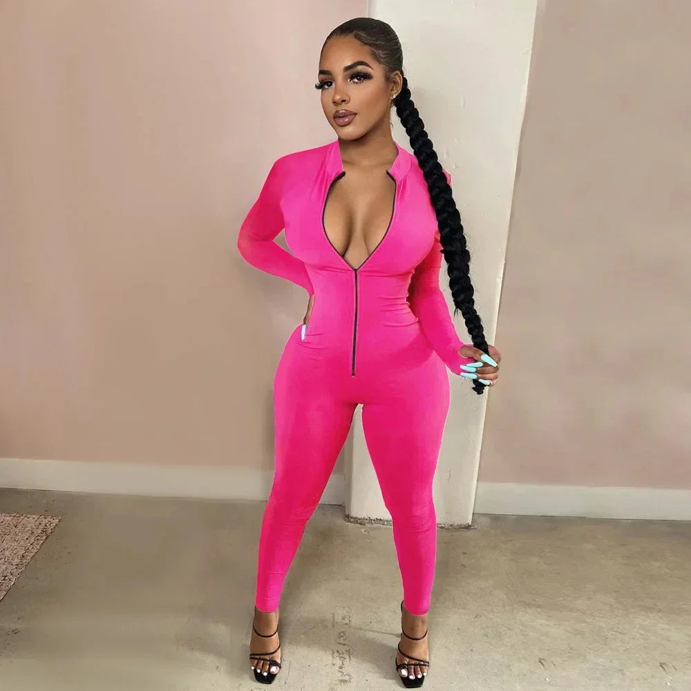 Deep V Bodycon Rompers Womens Jumpsuit Sport Suit Fashion Zip Up Long Pants Overalls Fitness Set