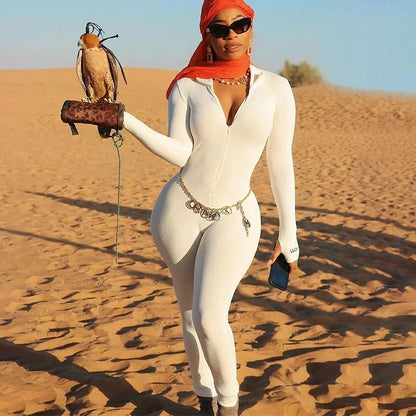 Zipper Jumpsuit Women Embroidery Letter Print Workout Sportswear Female Outfit Skinny Solid Turtleneck Streetwear