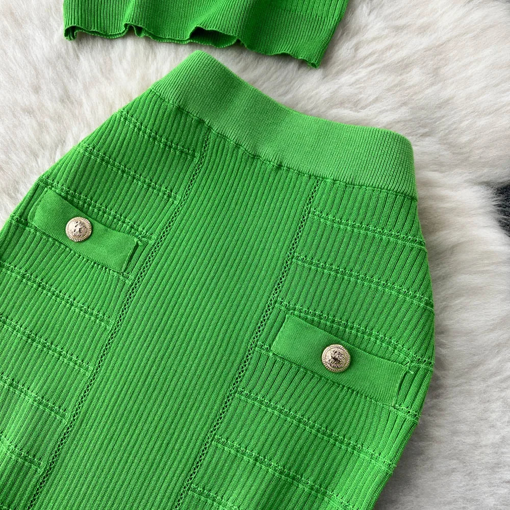 Knitted 2 Pcs. Buttons Crop Top Tanks + Slit Midi Skirt Set