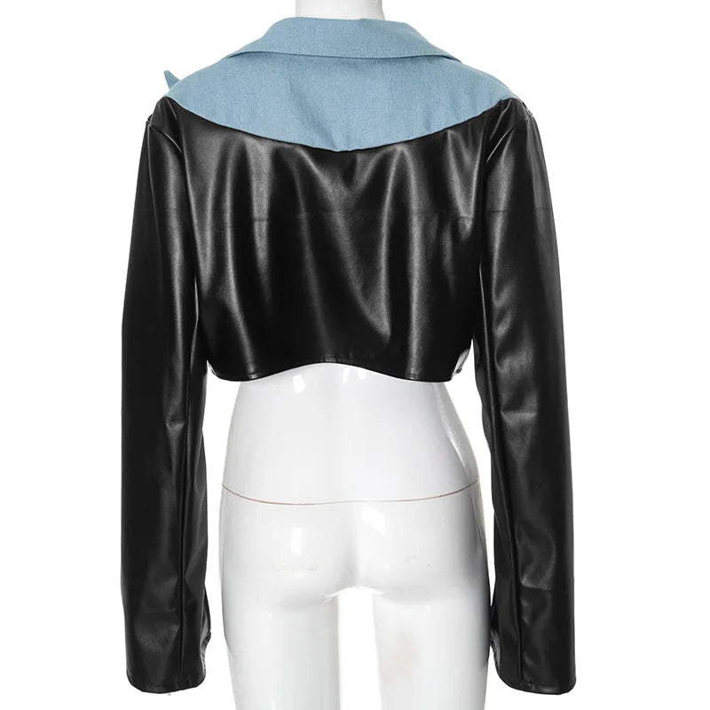 Cassey Pu Patchwork Lapel Long Sleeve Crop Jackets