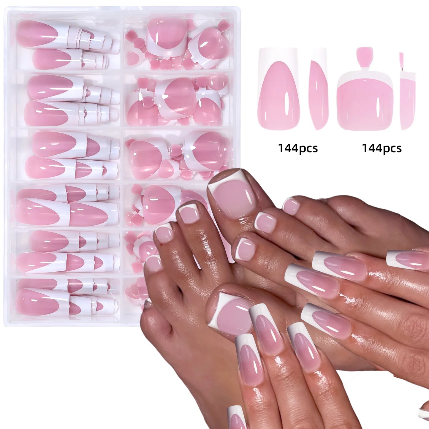 144pcs Shiny French Hand + Foot Nail Set (square)
