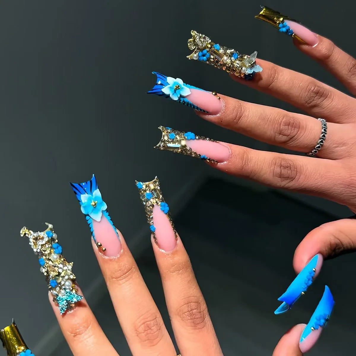 24Pcs Long Square Press on Nails Leopard Print French 3D Cherry Design False Nail Rhinestone Wearable Full Cover Fake Nails Tips