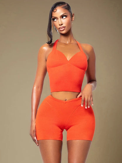 Halter Backless Vest + Stretchy Short Matching Sets