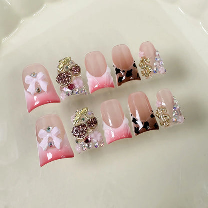 10pcs Handmade Fake Nails Duckbill Shaped Press On Nails Colorful Leopard-print French False Nails With 3D Carved Flower Designs