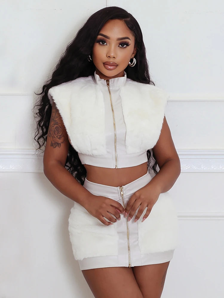 Crop Jacket + Elastic Zipper Waist Mini Skirt Sets