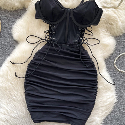 Strapless Lace Up Hollow Out Design Pleated Bodycon Dresses