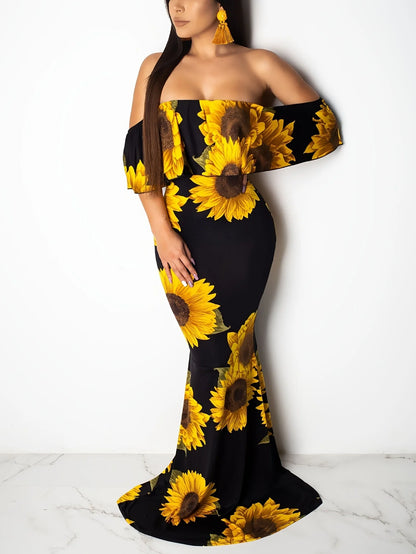Rose Sunflower Floral Print Strapless  Bodycon Slash Neck Off Shoulder Short Sleeve Polyester Xtra Maxi Dress