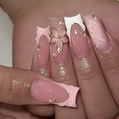 24pcs Mid-length Press on Nails Pink French Full Cover Flower Design Fake Nail Reusable Pearl False Nail with Jelly Glue Nails