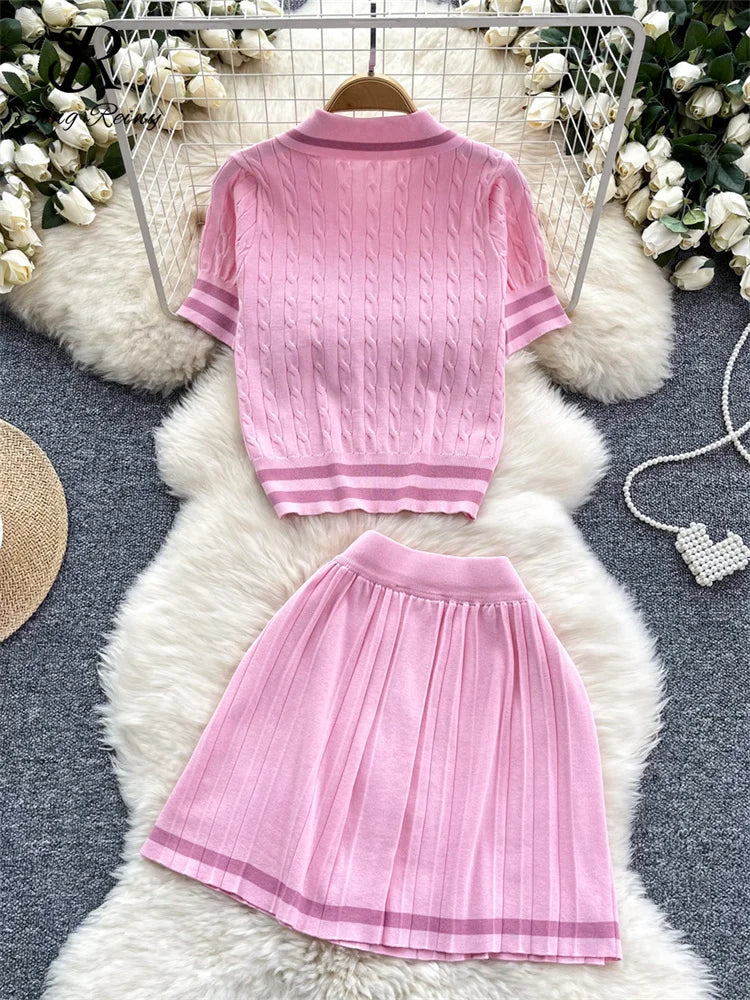 Newest Knitting Two Pieces Sets Button Vintage Basic Tops + High Waist Pleated Skirt Women Fashion 2pcs Suits