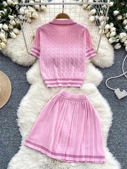 Newest Knitting Two Pieces Sets Button Vintage Basic Tops + High Waist Pleated Skirt Women Fashion 2pcs Suits