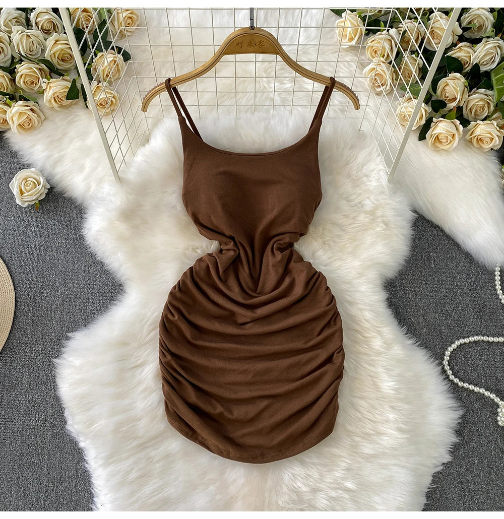 Spaghetti Strap Pleated Temperament Mini Dresses