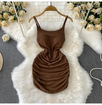 Spaghetti Strap Pleated Temperament Mini Dresses