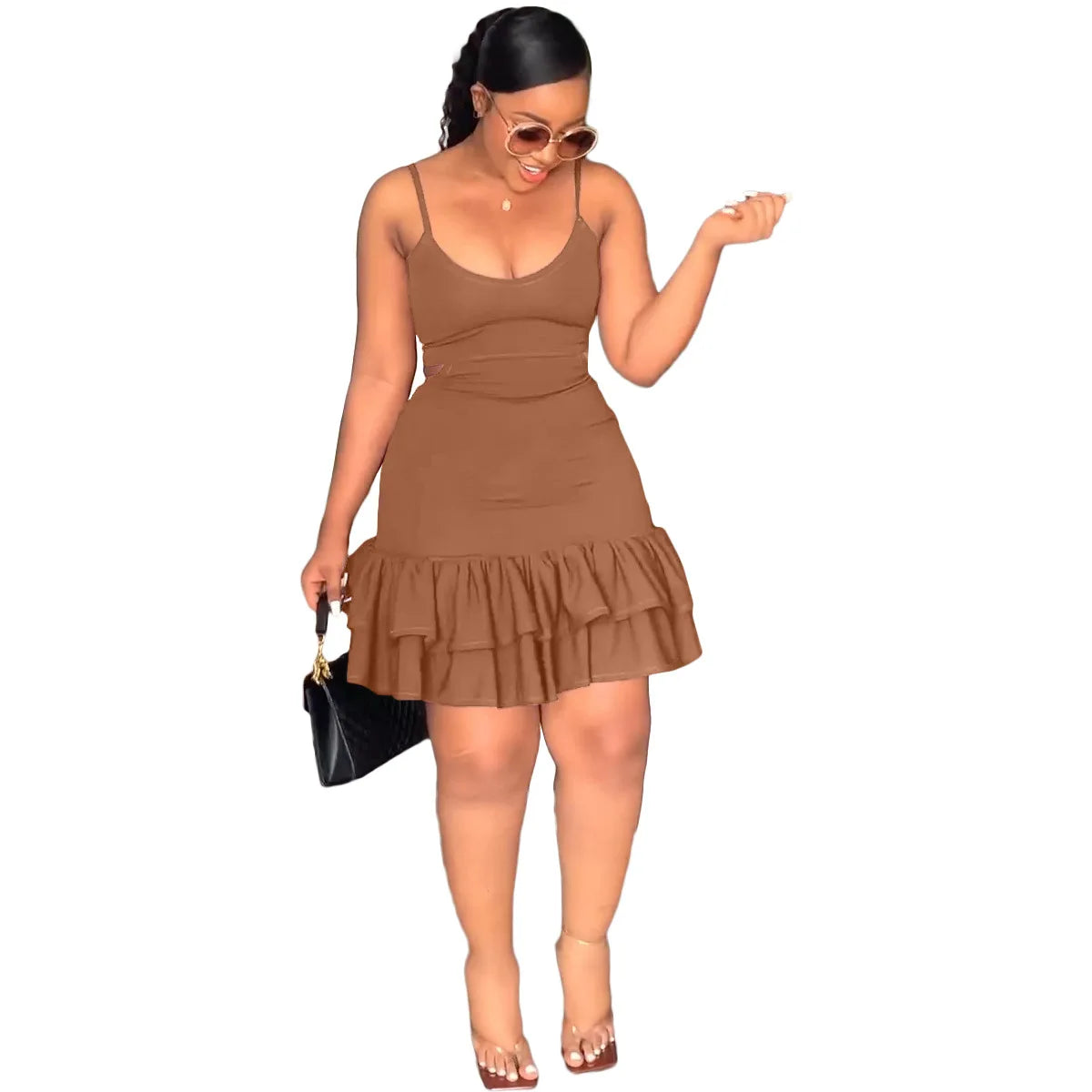 European and American Fashion Sling Low-cut Ruffled Mini Dress